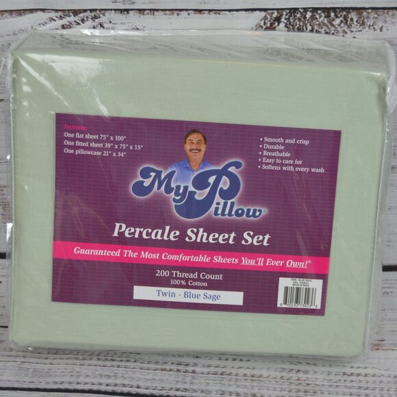My Pillow Mypillow Percale 100% Cotton Sheet Set 200 Thread Twin Blue Sage NEW - Picture 2 of 7
